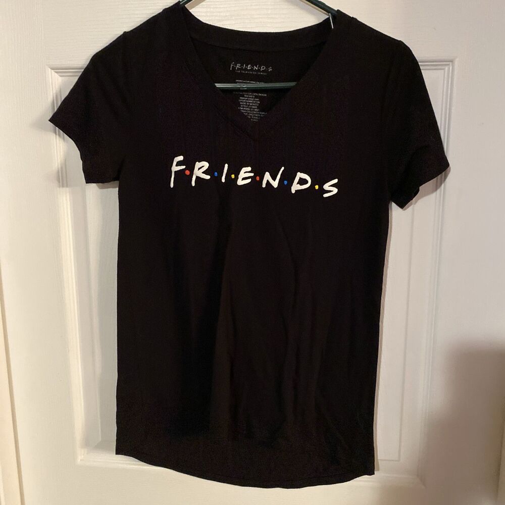 Friends Shirt Women’s Size XS Black Pullover V Neck T Shirt Graphic Print